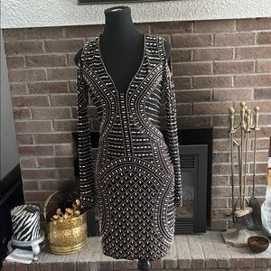 Aqua Black Embellished Long-Sleeve Bodycon Dress
